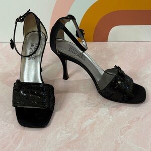 Badgley Mischka Black Silk & Sequin Ankle Strap Heels